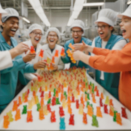 Workers celebrating over a bunch of gummy bears